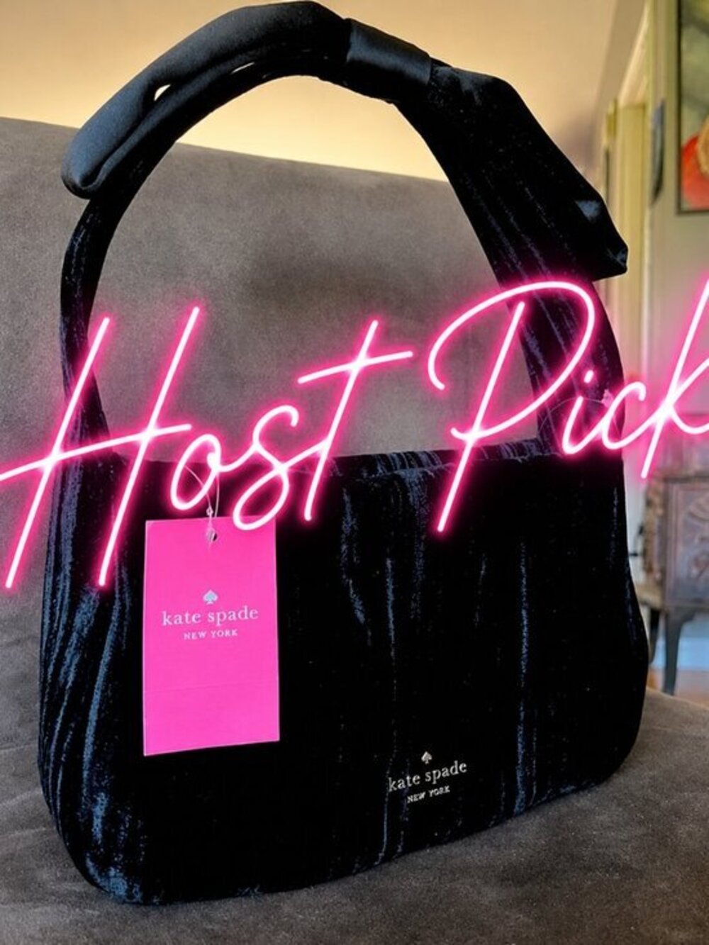 Kate Spade New York Black Crushed Velvet Bow Shoulder Bag NWT